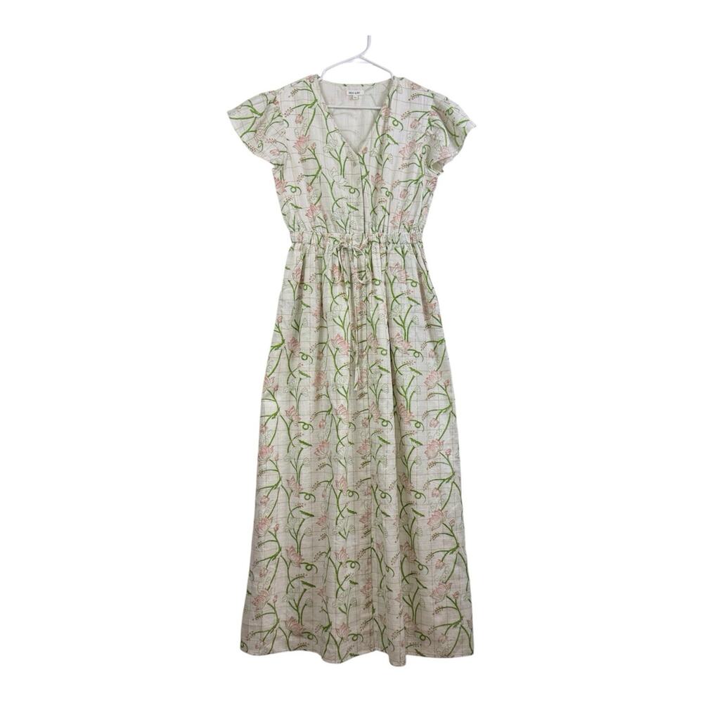 Beau & Ro Floral Window Pane Maxi Dress Medium Full Button 100% Cotton Bloomcore